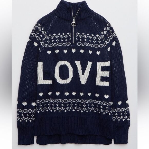 Aerie Festive Feels Quarter Zip Sweater Blue LOVE Cozy Cabin Isle Knit Pullover - Picture 2 of 9